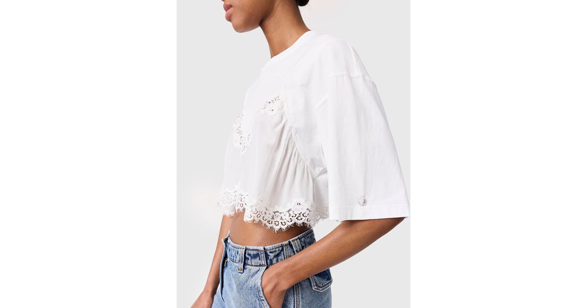 Stella McCartney Lace Insert Cropped T-Shirt in White | Lyst