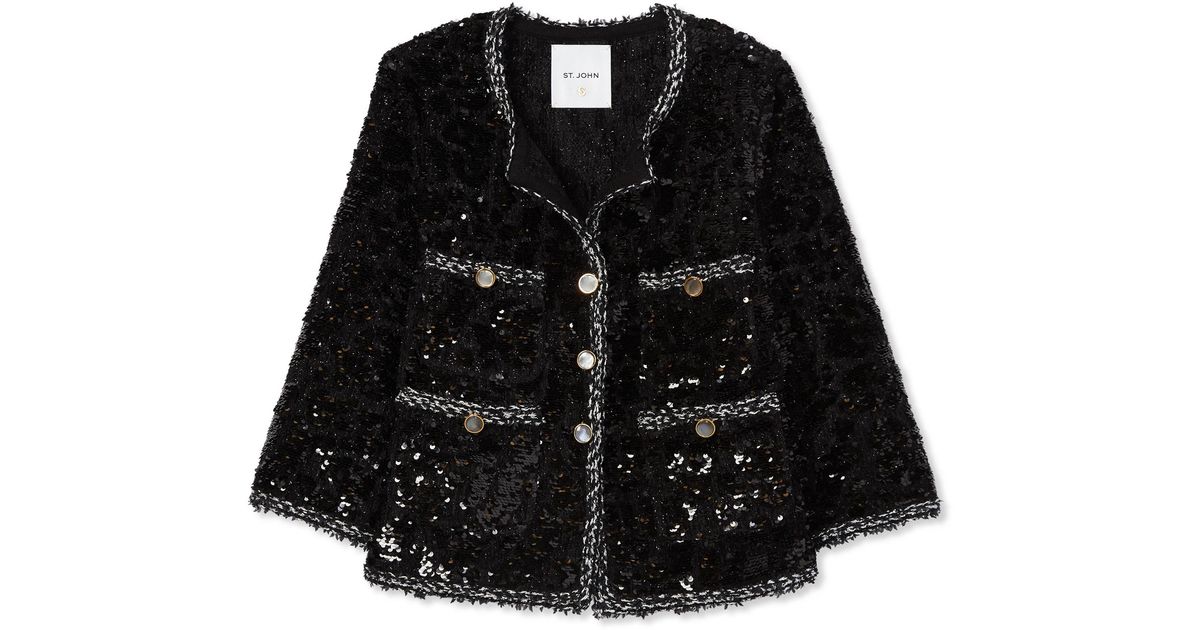 St. John Sequined Chenille Tweed Jacket in Black | Lyst