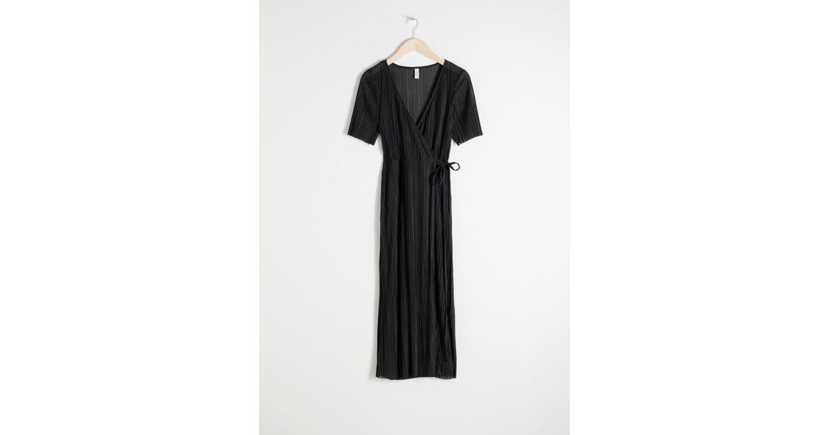 black pleated wrap dress