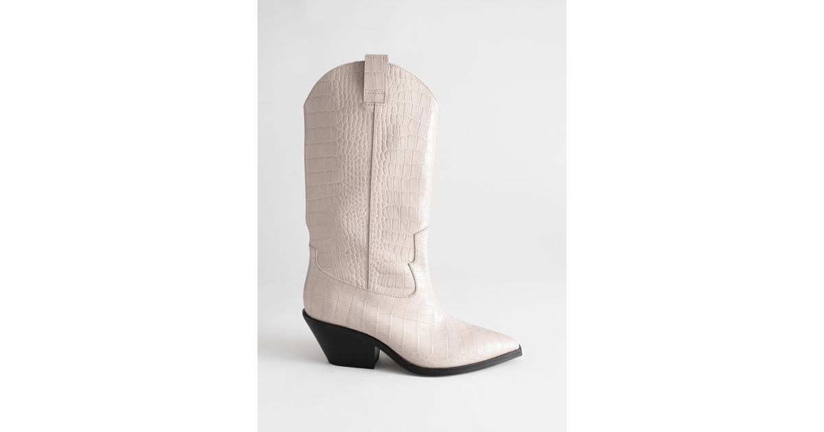 & Other Stories Croc Embossed Leather Cowboy Boots in White | Lyst
