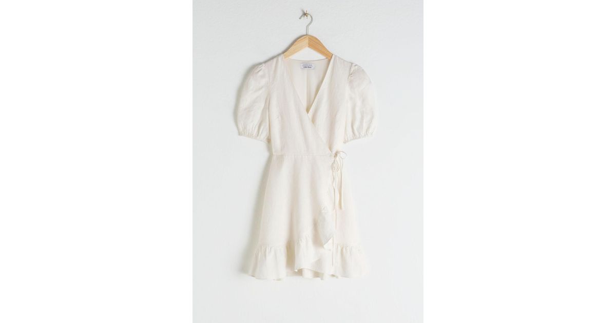 Linen Puff Sleeve Wrap Mini Dress 