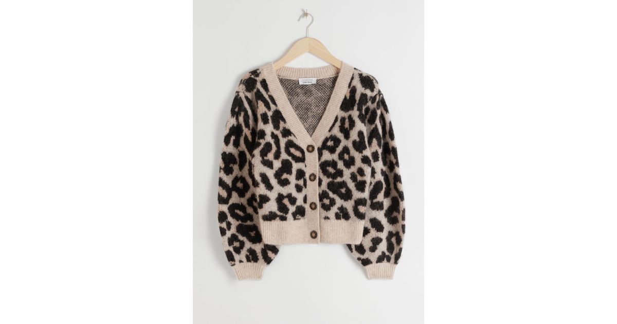 leopard puff sleeve wool blend cardigan