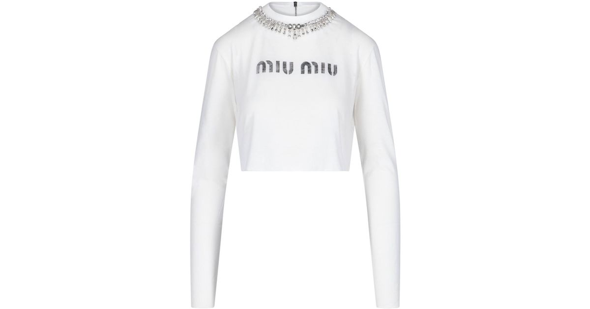 Miu Miu Jewel Embroidered Cropped T-shirt in White - Lyst