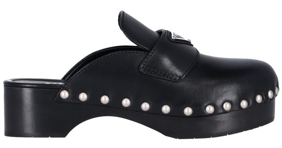Prada Leather Studded Details Clogs in Nero (Black) | Lyst
