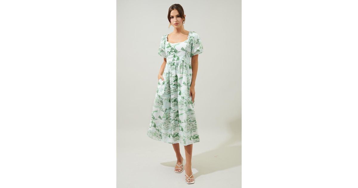 Sugarlips Francine Toile Lullaby Puff Sleeve Midi Dress in Green | Lyst