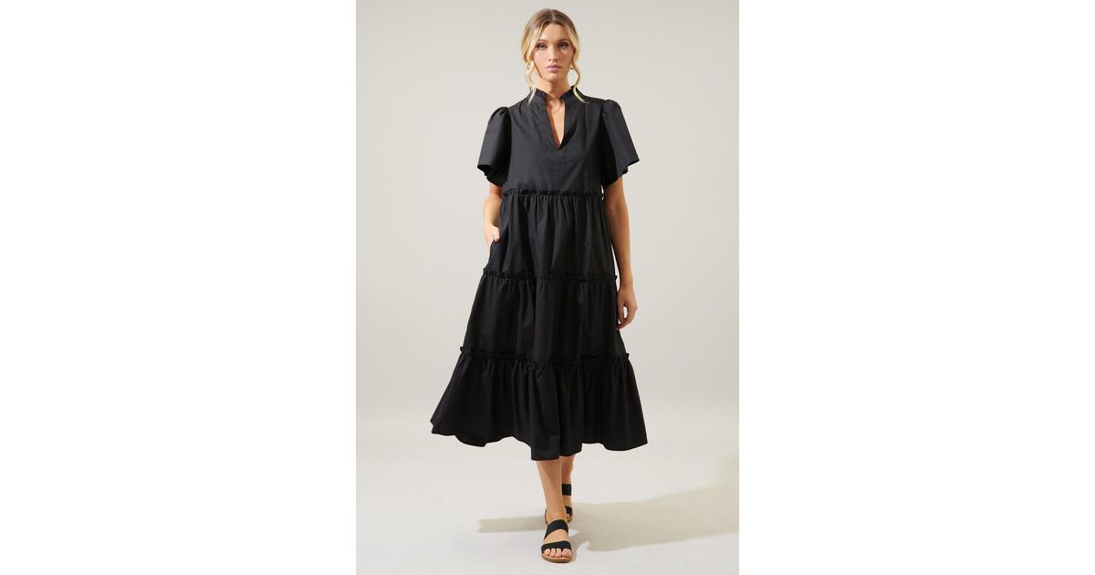 Sugarlips Noelle Split Neck Poplin Tiered Midi Dress in Black | Lyst