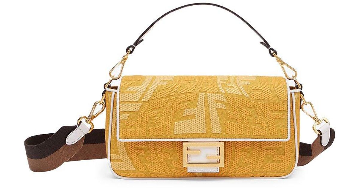 FENDI: Baguette bag in canvas with thread embroidered FF monogram - Yellow  Cream