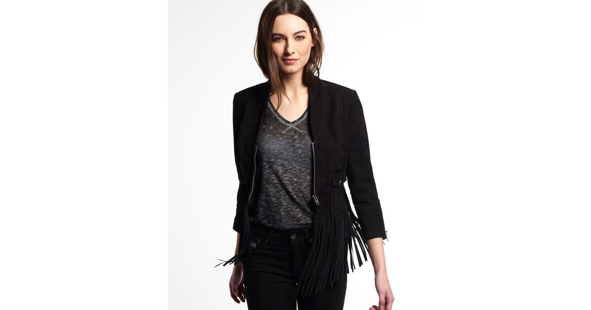 Superdry Black Neonomad Fringe Suede Jacket