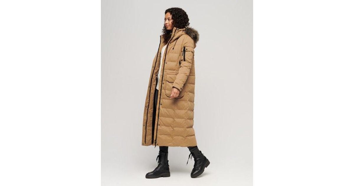 Superdry Microfibre Expedition Longline Parka Coat in Natural