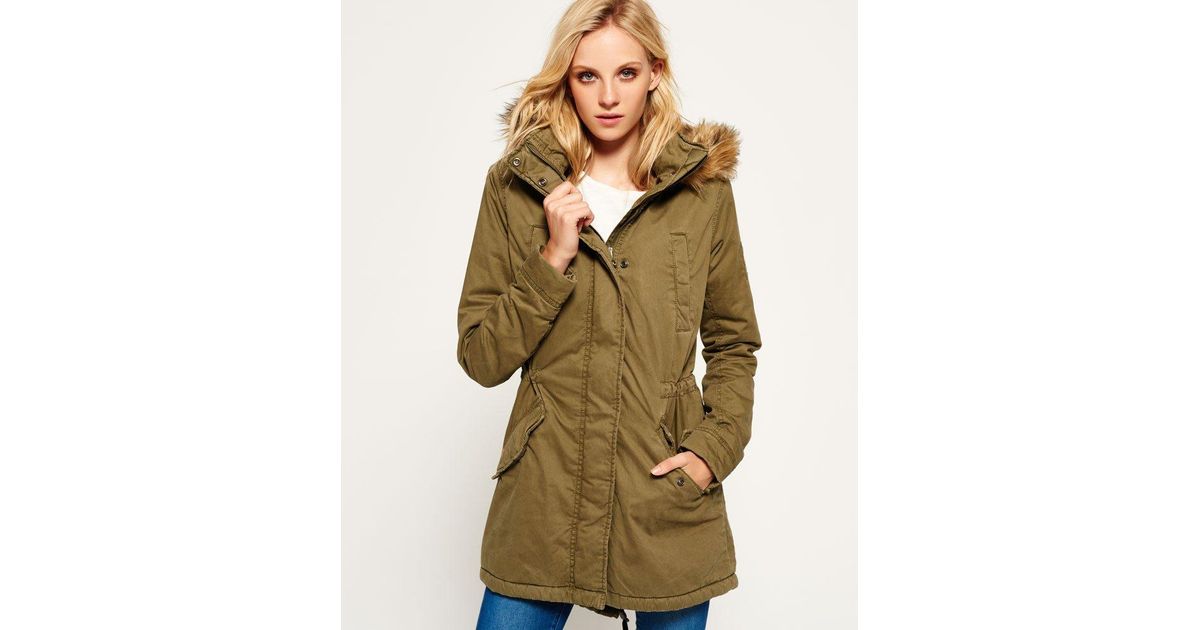 Superdry Faux Fur Hooded Rookie Military Parka Jacket Green in Natural |  Lyst