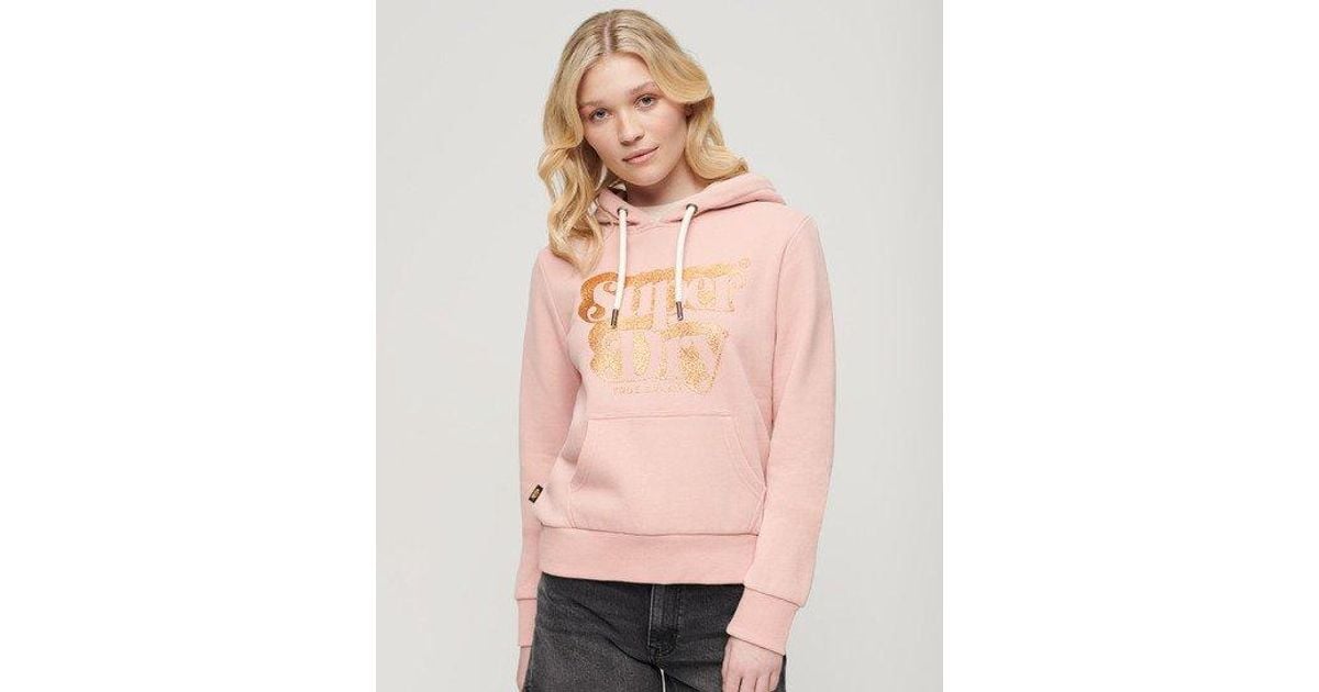 Superdry Retro Glitter Logo Hoodie in Pink | Lyst