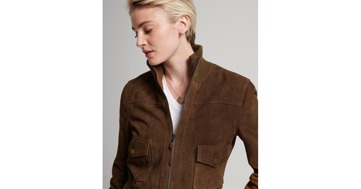 Superdry Studios Knitted Collar Suede Bomber Jacket Tan | Lyst