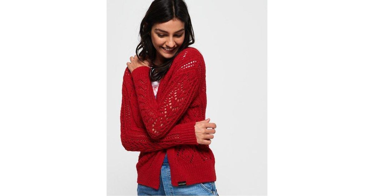 red pointelle cardigan