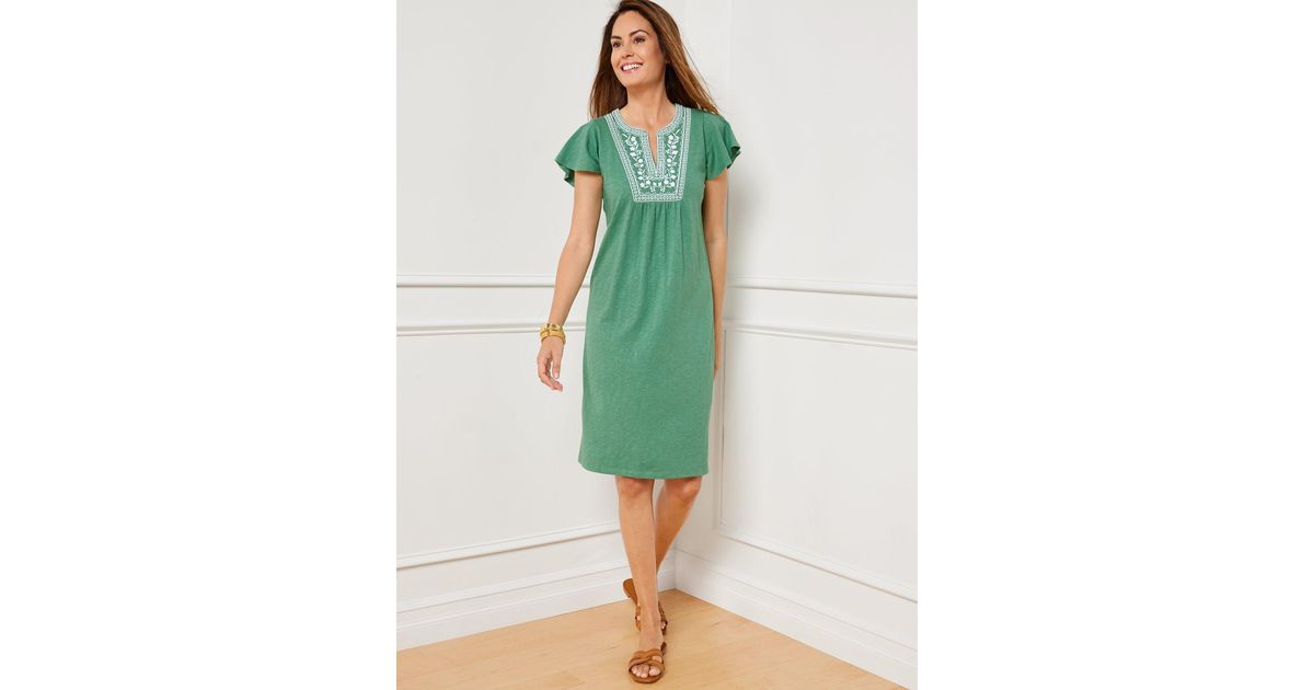 Talbots Nantucket Slub Embroidered Shift Dress in Green