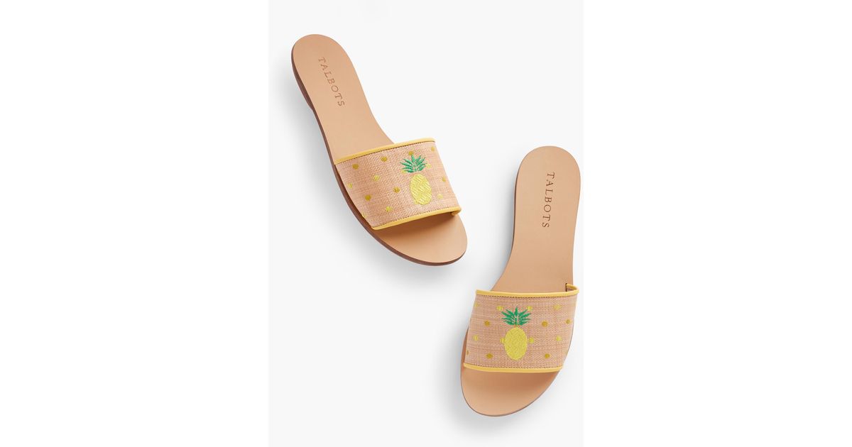 Talbots Hannah Pineapple Embroidered Piped Straw Slides in White | Lyst