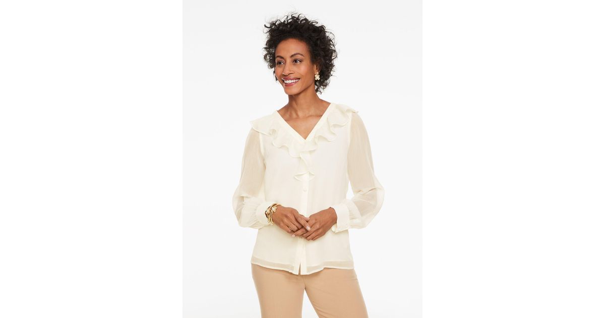 Talbots Ruffle Neck Crinkle Top in White | Lyst