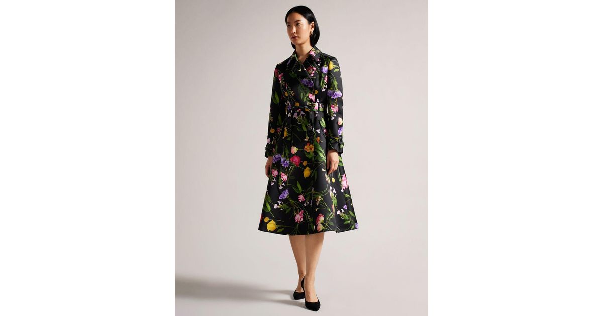 Ted Baker Floral Double Breasted Trench Coat in Black | Lyst