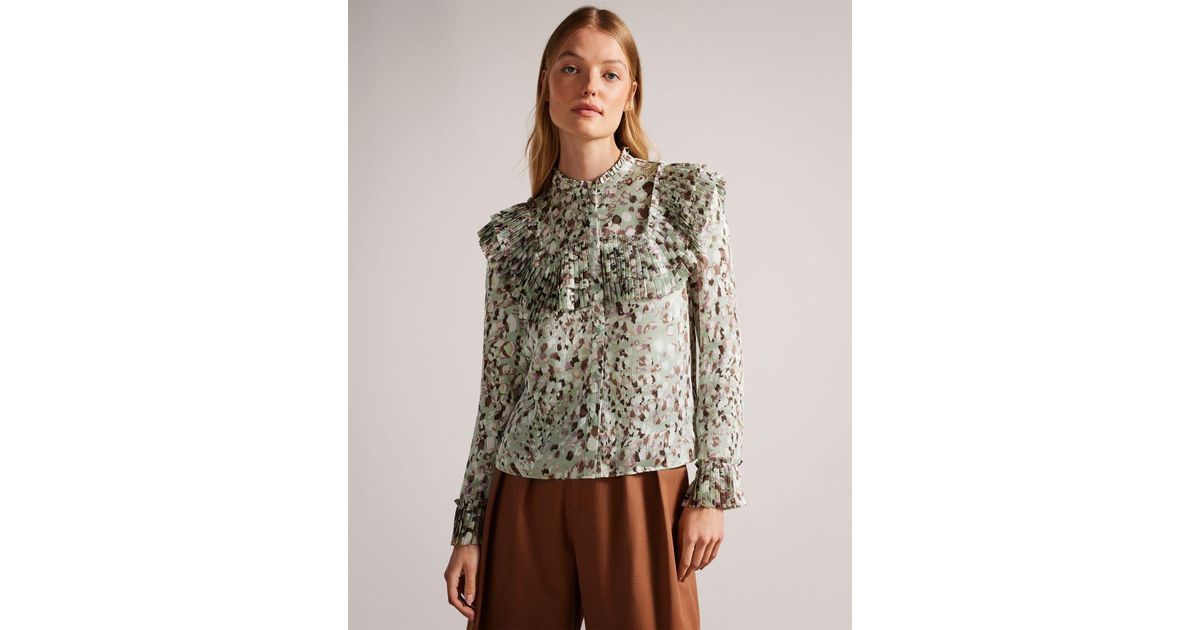 Ted Baker Blouse With Ruffle Bib Detail in Brown | Lyst