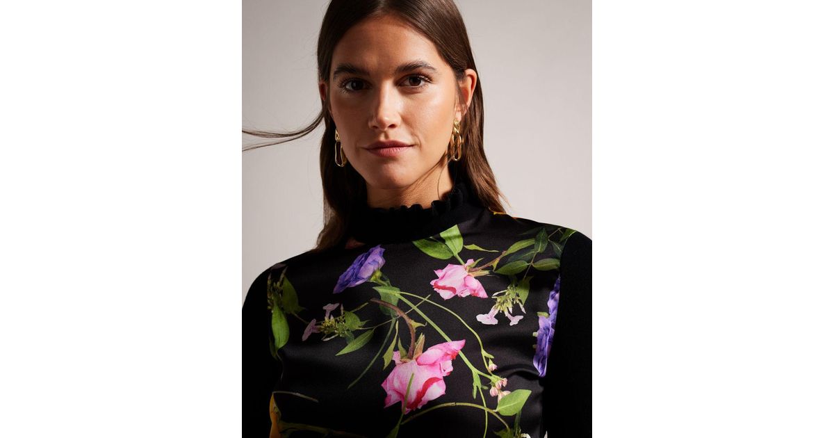 Ted Baker Woven Front Fluted Neck Jumper in Black | Lyst