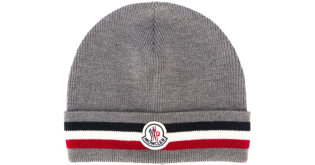 Moncler Striped Wool Beanie Hat in Grey (Grey) for Men - Lyst