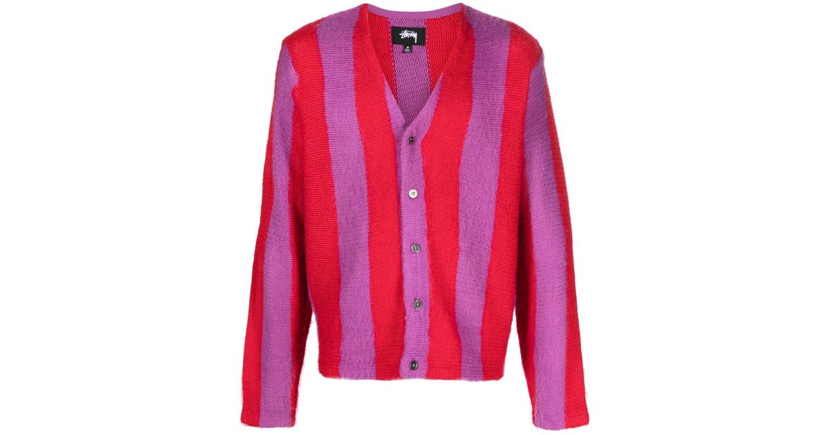 Stussy Striped Knitted Cardigan in Pink | Lyst