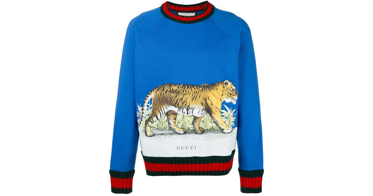 Gucci Walking Tiger-print Cotton Sweatshirt in Blue for Men | Lyst