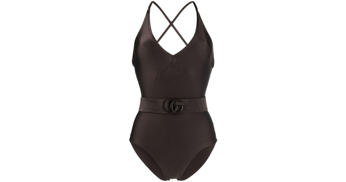 Gucci Logo-plaque Belted Swimsuit in Black | Lyst