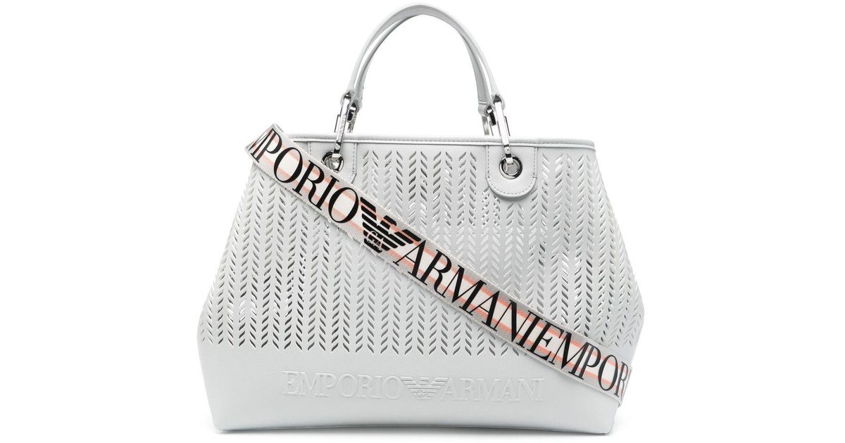 Emporio Armani Medium Myea Perforated Tote Bag in Grey (White) - Save ...