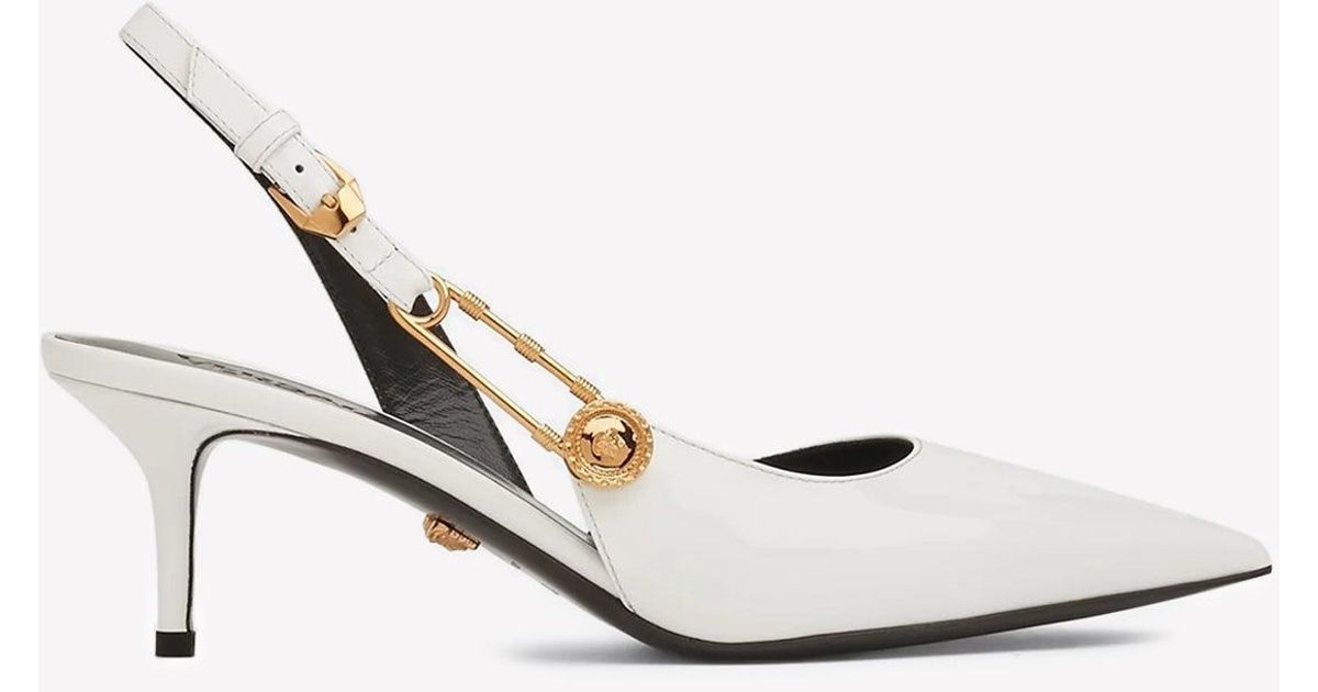 Versace 55 Safety Pin Slingback Pumps In Patent Leather in White Lyst
