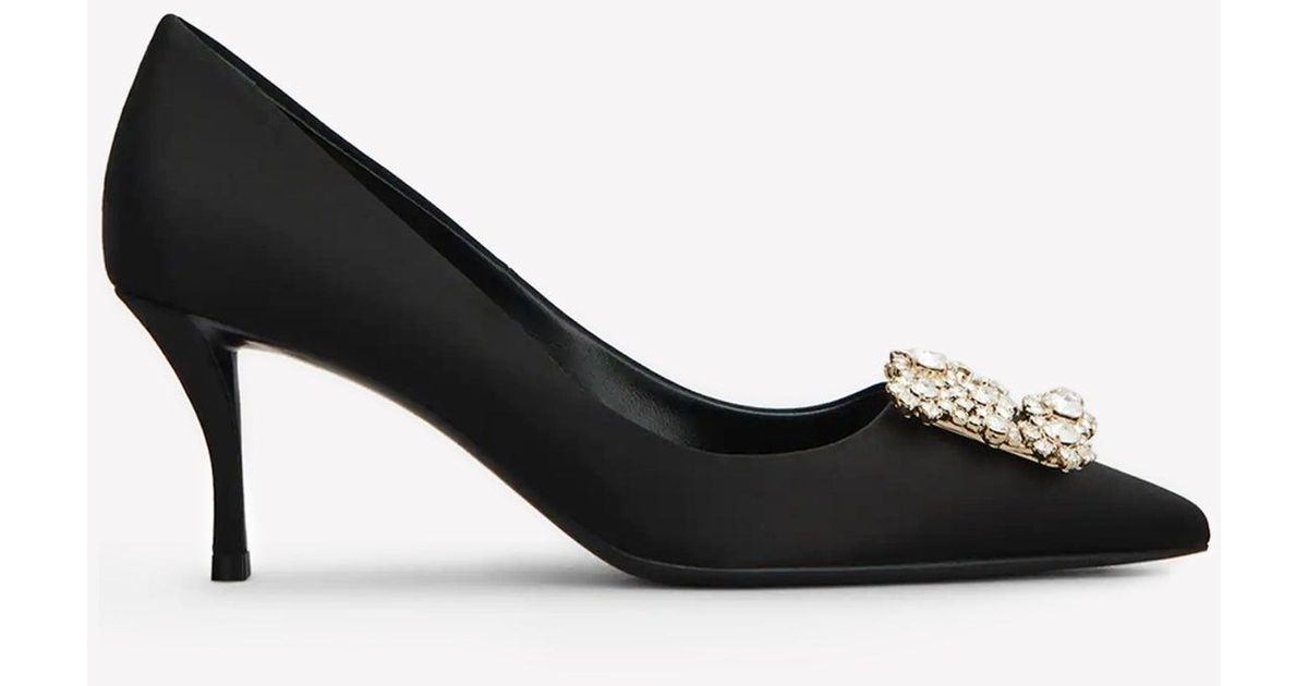 Roger Vivier 65 Crystal Flower Buckle Satin Pumps in Black | Lyst