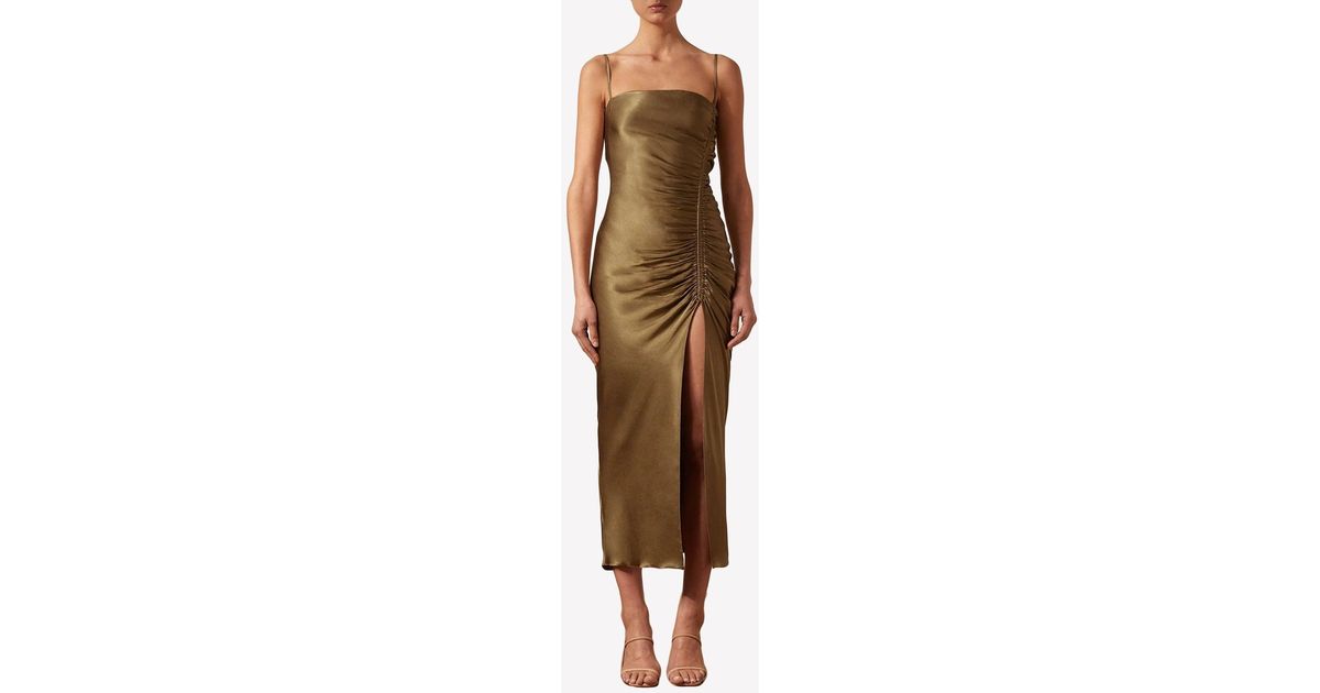 Shona Joy Thalia Ruched Satin Sheen Midi Dress in Olive (Green) | Lyst