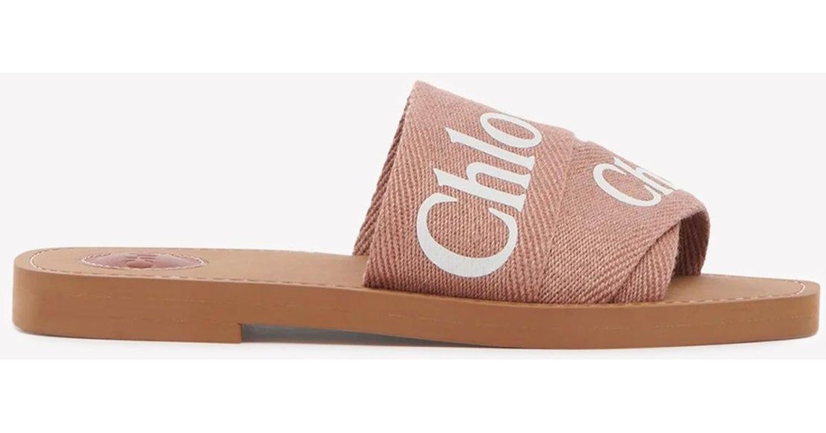 Chloé Linen Woody Logo Flat Mules in Pink | Lyst