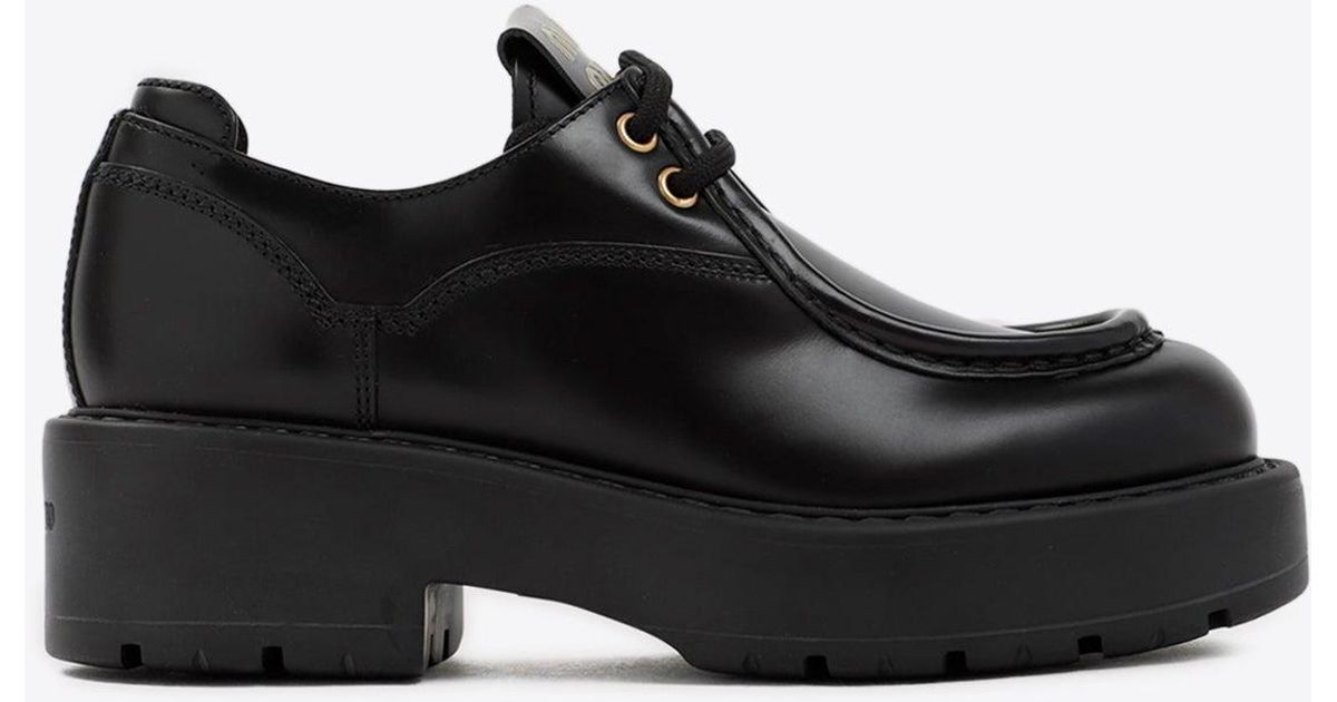 Miu Miu Leather Laceup Flatforms in Black Lyst