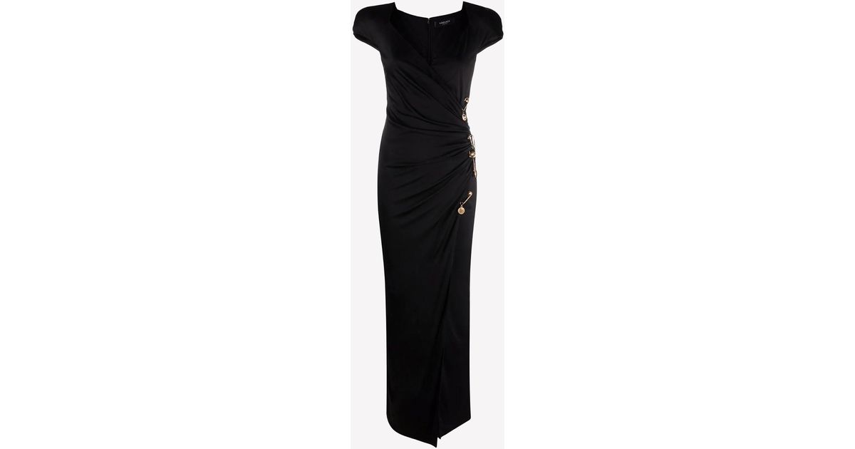 Versace Synthetic Safety Pin Draped Maxi Dress in Black | Lyst Canada