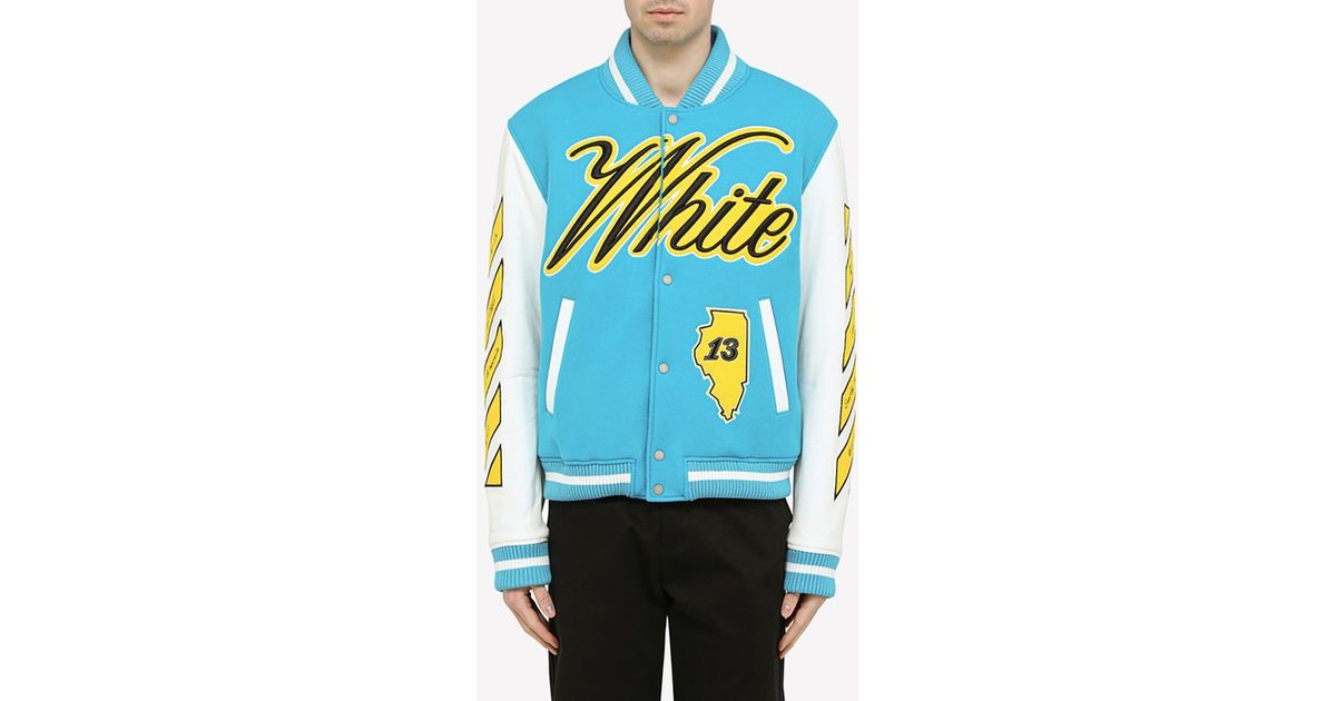 Off-White c/o Virgil Abloh Logo Patches Leather Bomber Jacket in Blue ...