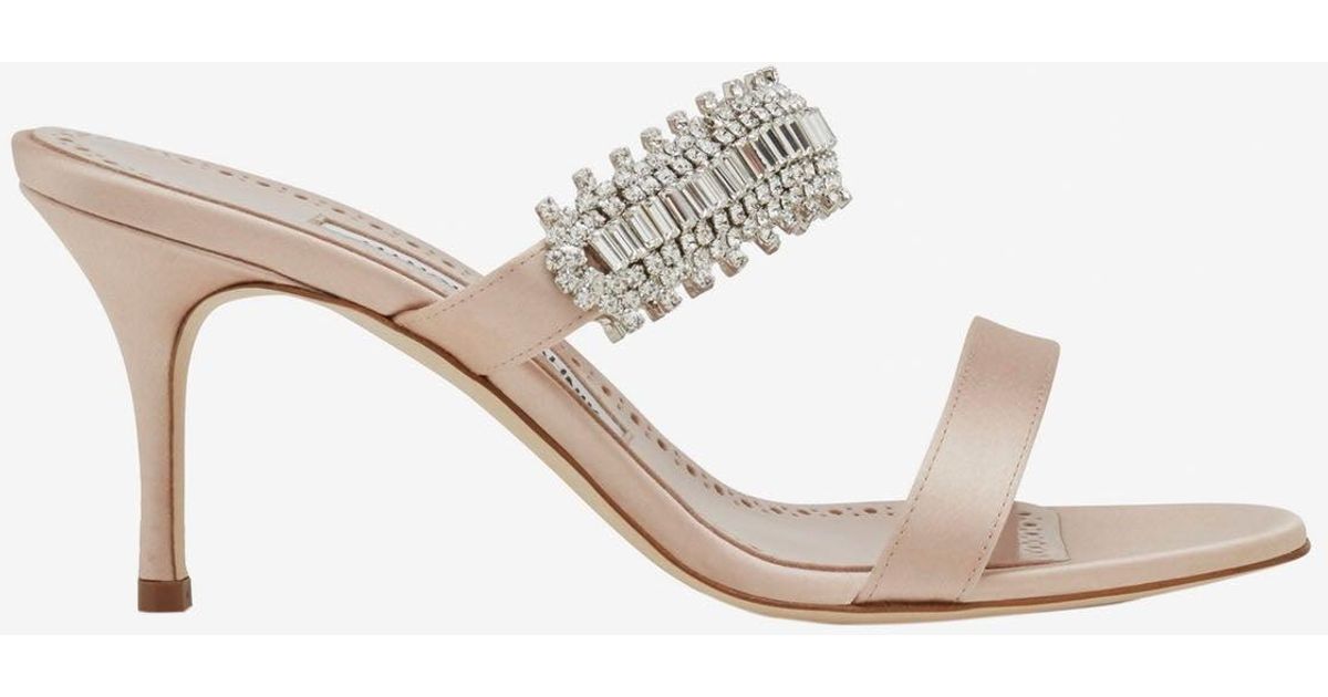 Manolo Blahnik Sako 70 Crystal Embellished Satin Sandals in Natural for ...