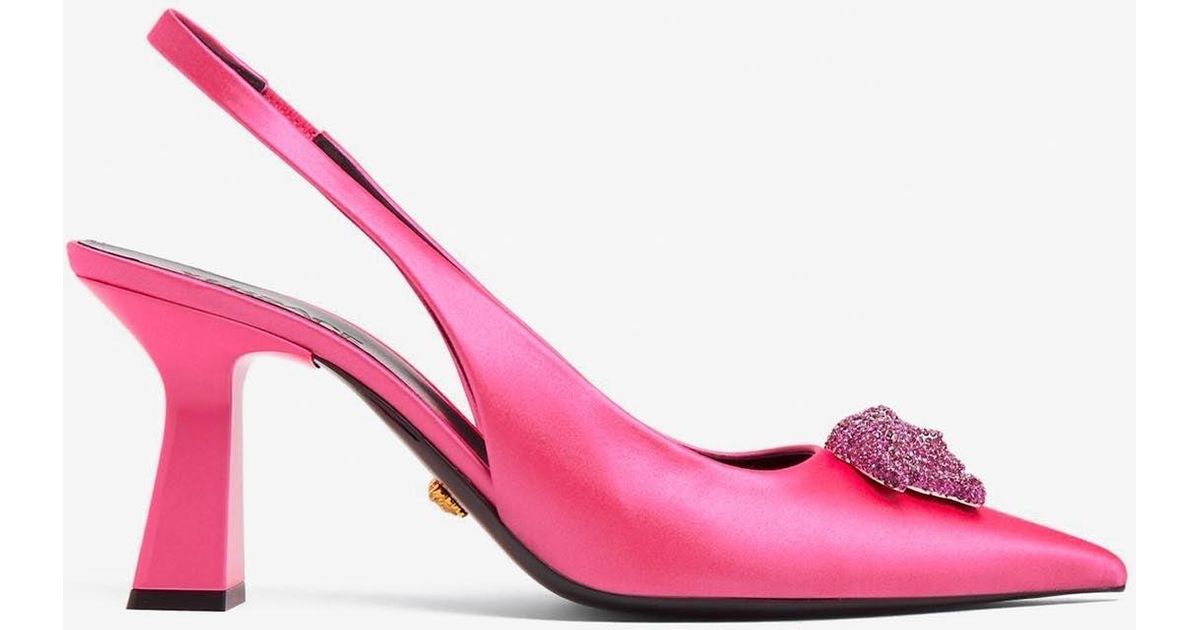 Versace 80 Crystal Embellished Medusa Slingback Pumps In Satin in Pink