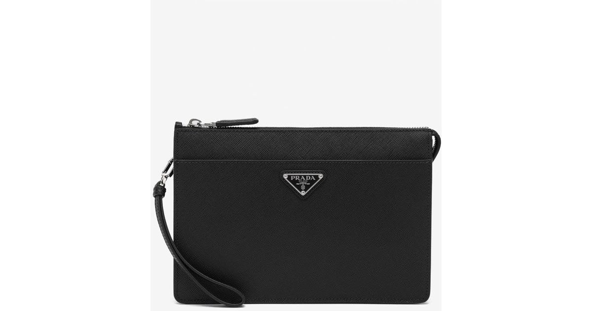 Prada Triangle Logo Saffiano Leather Pouch Bag in Black for