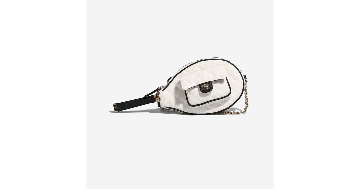 Chanel Tennis-racket Clutch With Chain In White Canvas And Black Calf With  Gold Hardware