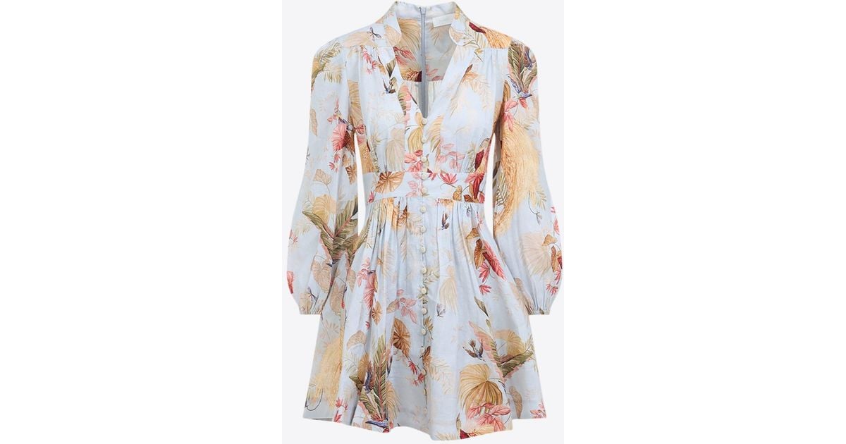 Zimmermann Ascension Plunge Printed Mini Dress in White | Lyst