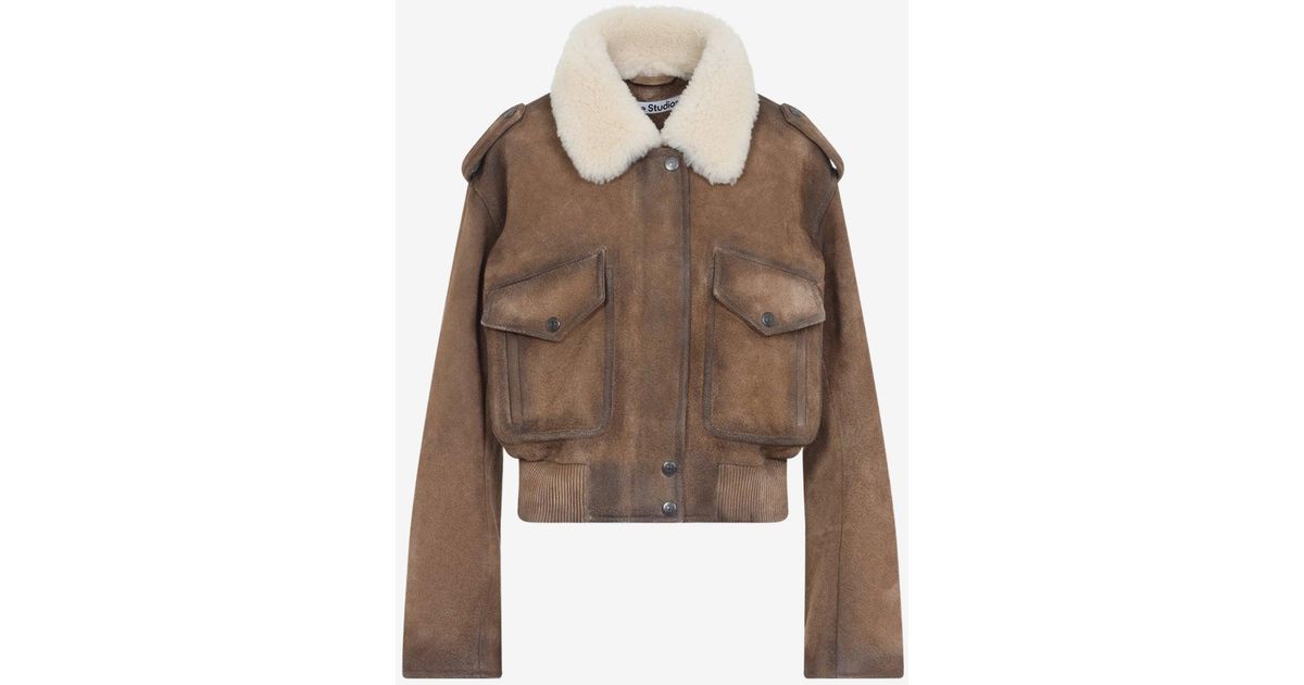Acne Studios Suede Leather Cropped Bomber Jacket With Shearling Collar ...