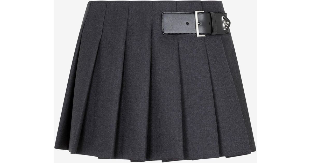 Prada Pleated Mini Skirt In Wool in Gray | Lyst