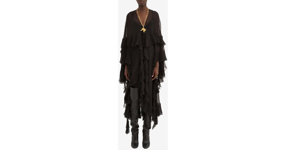 Sheer Sleeve Maxi Dress with Ruched Detailing - Black main image 0