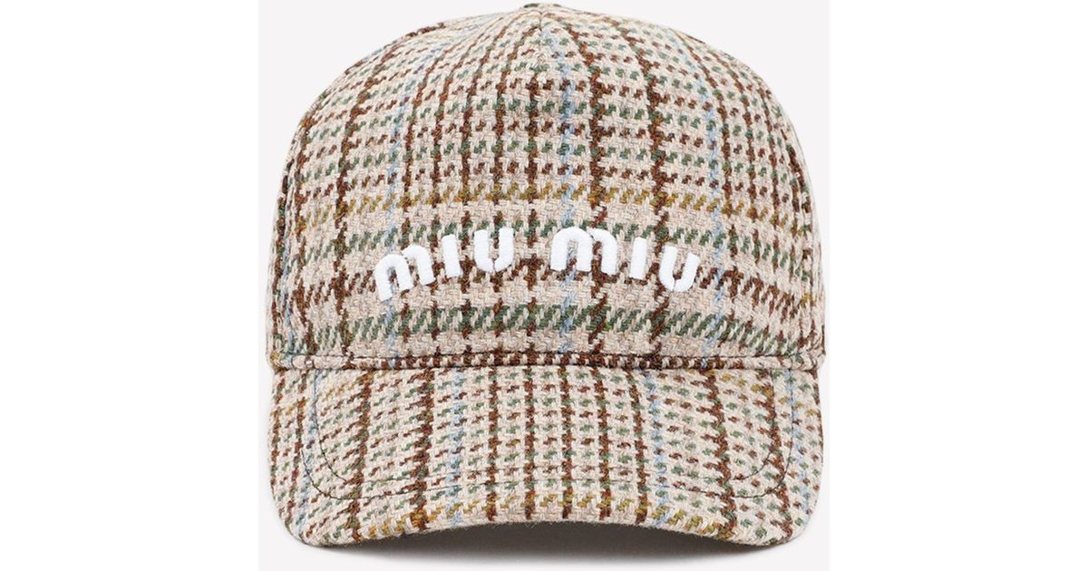 Miu Miu Plaid Wool Logo Cap in White | Lyst Canada