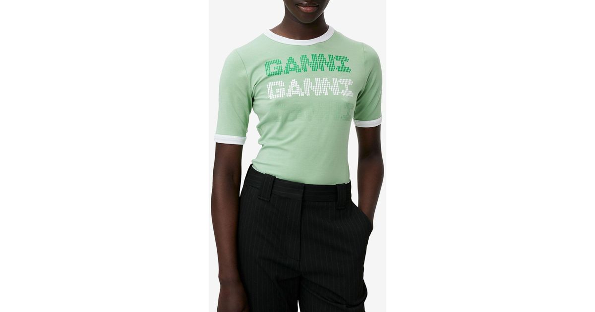 Ganni Light Stretch Jersey Fitted T-shirt in Green | Lyst