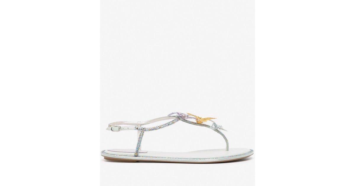 Rene Caovilla Satin Floriane Studded Thong Sandals in White | Lyst