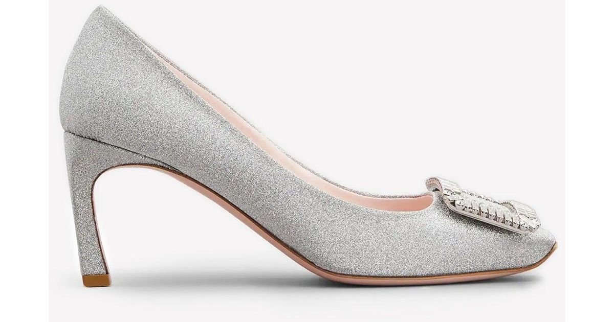 Roger Vivier Trompette 70 Crystal Buckle Glitter Pumps in Metallic