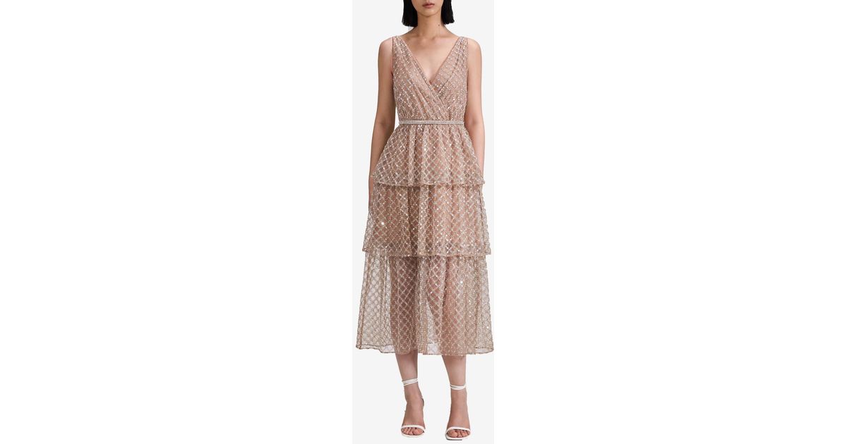 Self-Portrait Grid Sequin Tiered Midi Dress in Natural | Lyst UK
