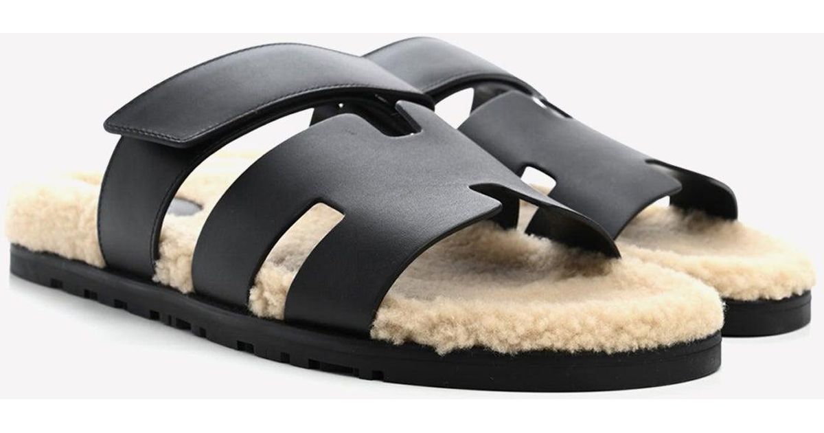 Hermès Chypre Sandals In Veau Indios Woolskin in Black for Men | Lyst