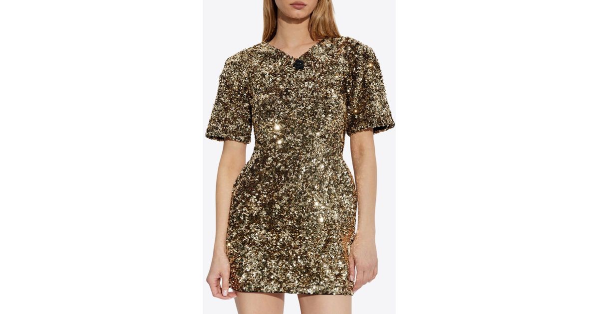 Marc Jacobs Sequined V-Neck Knit Mini Dress in Metallic | Lyst